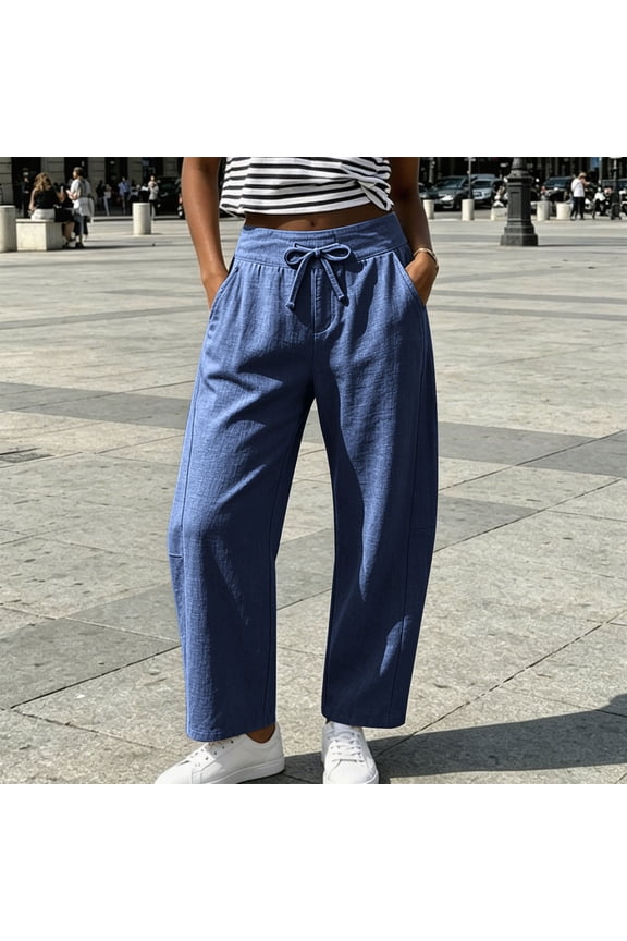 Womens Summer Linen High Waist Drawstring Wide Leg Pants with Pockets Loose Casual Trousers Bottoms for Daily Beach