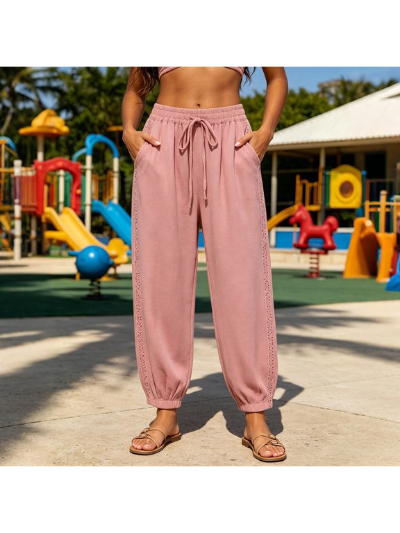 Womens Summer Patchwork Drawstring Pants with Pockets High Waist Loose Cropped Jogger Trousers Bottoms for Daily Beach
