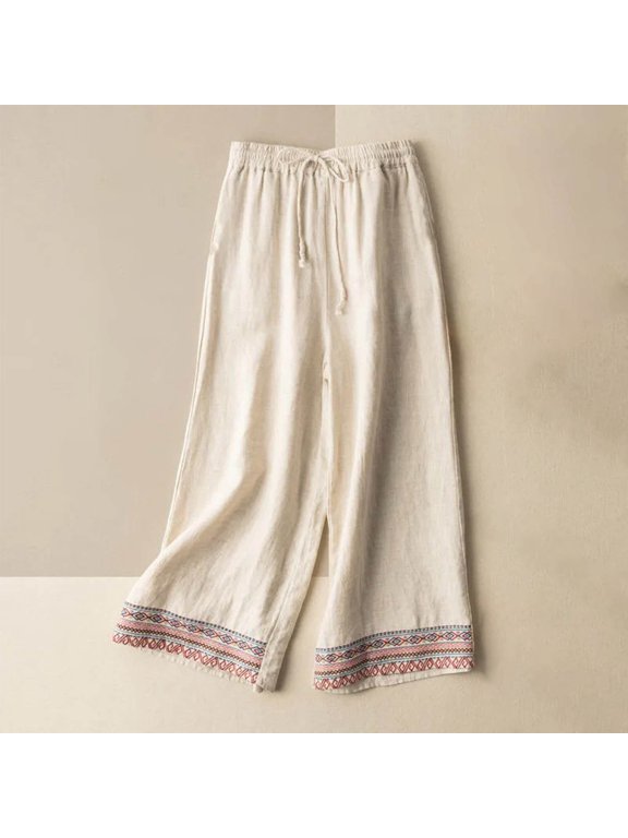 Womens Summer Solid Embroidery Flowing Double Layer Thin Wide Leg Pants Loose Breathable for Daily Beach Home