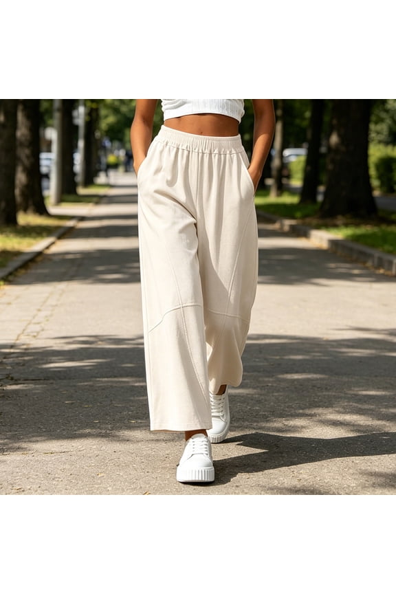 Womens Summer Trousers Loose Fit Elastic Drawstring Waist Side Pocket Solid Soft Breathable Casual Linen Pants Gift