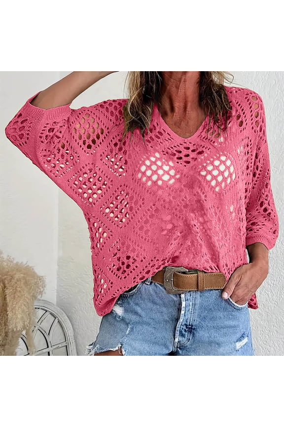 Womens Sweater Top 3/4 Sleeve V Neck Diamond Hollow Linen Blend Loose Blouse Casual for Spring Summer