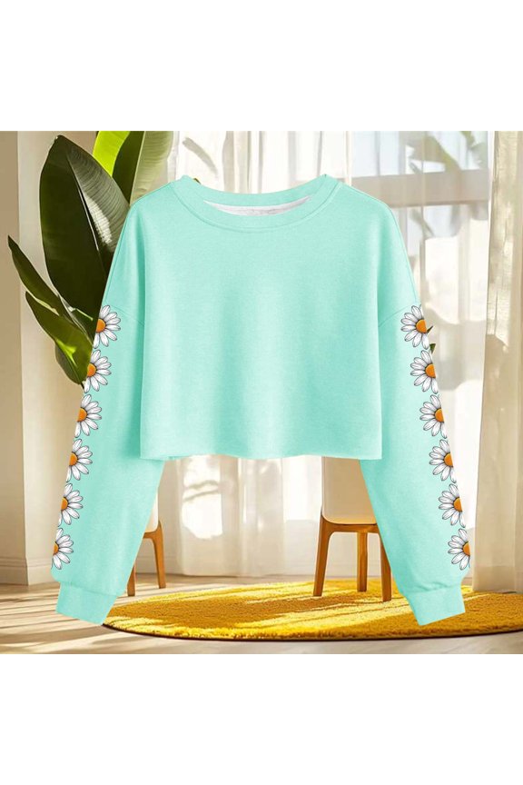 Womens Sweatshirt Long Sleeve Loose Fit Crew Neck Daisy Floral Printed Soft Pullover Top for Spring Casual Gift