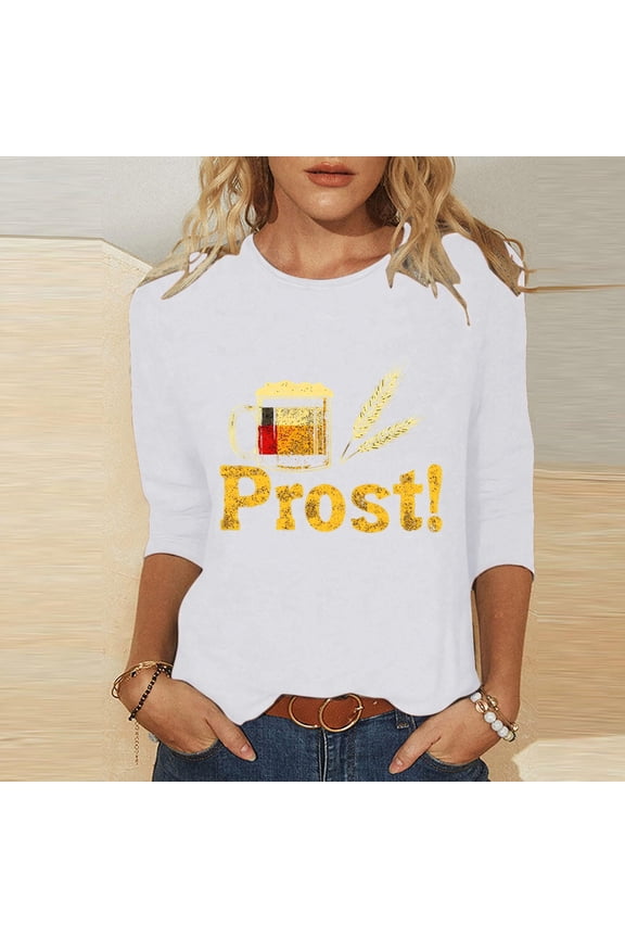 Womens T Shirts Three Quarter Sleeve Loose Fit Crew Neck Oktoberfest Beer Print Solid Soft Breathable Top for Festival Gift