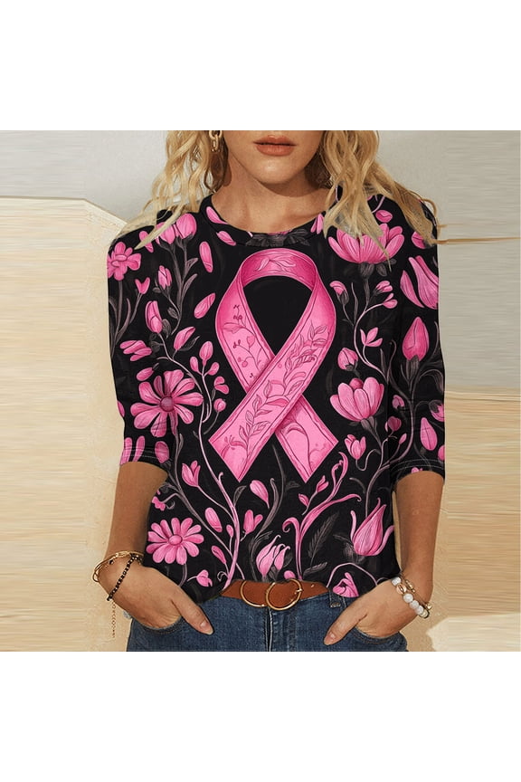 Womens Tops 3/4 Sleeve Oversized Fit Crew Neck Support Ribbon Print Solid Soft Breathable T Shirt for Fundraising Walk Gift