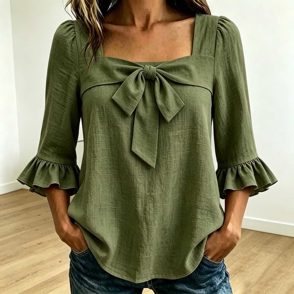 TaTaai Womens Tops 3/4 Sleeve Square Neck Solid Linen Blend Bow Detail Ruffle Sleeve Blouse Casual for Summer