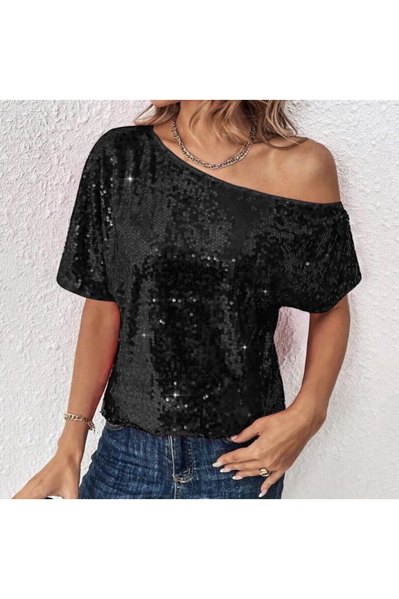 Womens Tops In Store Short Sleeve Off Shoulder Sequin Patchwork Asymmetrical Top for Party Daily Gift