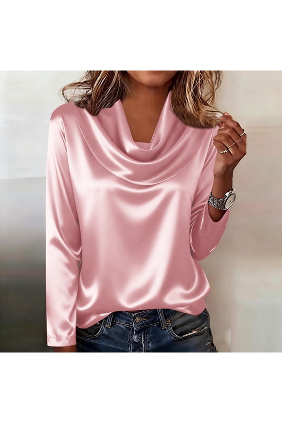 Womens Tops Long Sleeve Cowl Neck Draped Pleated Satin Solid Color Shirt for Office Business Casual Gift
