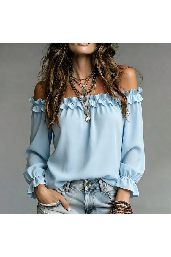 Womens Tops Long Sleeve Loose Fit Off Shoulder Ruffle Sleeve Solid Flowy Chiffon Blouse for Summer Casual Gift