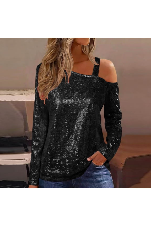 Womens Tops Long Sleeve Off Shoulder Sequin Patchwork One Shoulder Blouse for Party Night Gift