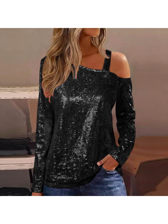 Womens Tops Long Sleeve Off Shoulder Sequin Patchwork One Shoulder Blouse for Party Night Gift