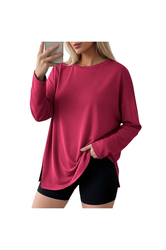 Womens Tops Long Sleeve Oversized Side Slit Loose Workout Tee for Gym Fitness Daily Gift