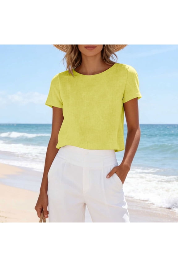 Womens Tops Short Sleeve Loose Fit Crew Neck Reversible Button Front Solid Breathable Linen Blouse for Summer Gift