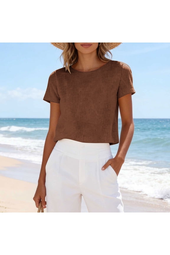 Womens Tops Short Sleeve Loose Fit Crew Neck Reversible Button Front Solid Breathable Linen Blouse for Summer Gift