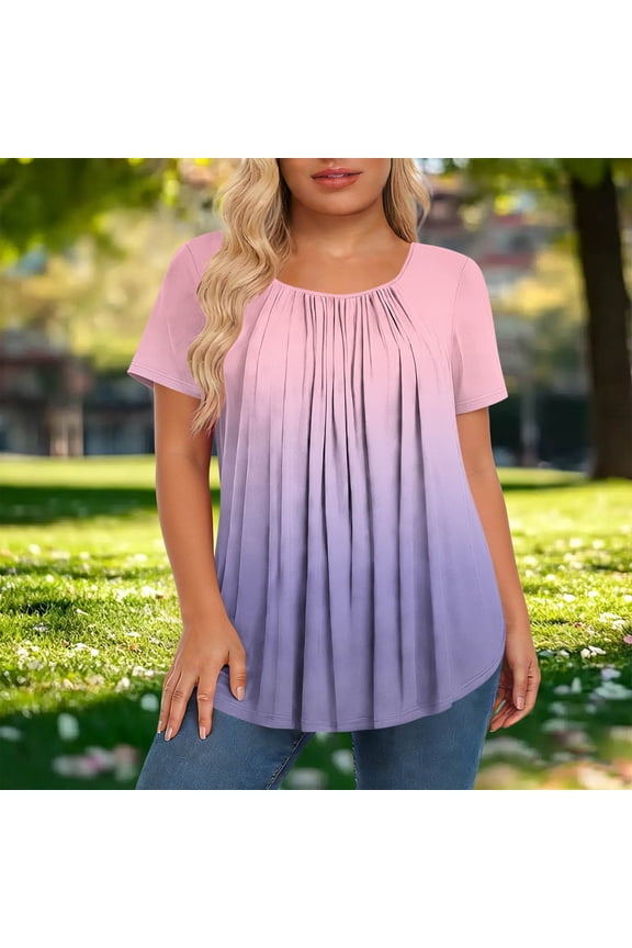 Womens Tops Short Sleeve Round Neck Ombre Print Plus Size Loose Blouse with Ruched Detail Casual Soft Breathable for Summer