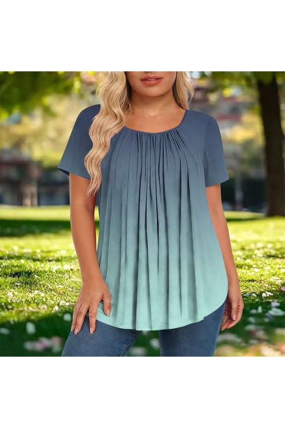 Womens Tops Short Sleeve Round Neck Ombre Print Plus Size Loose Blouse with Ruched Detail Casual Soft Breathable for Summer