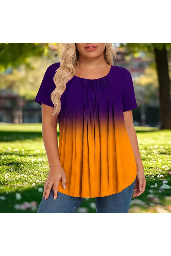 Womens Tops Short Sleeve Round Neck Ombre Print Plus Size Loose Blouse with Ruched Detail Casual Soft Breathable for Summer