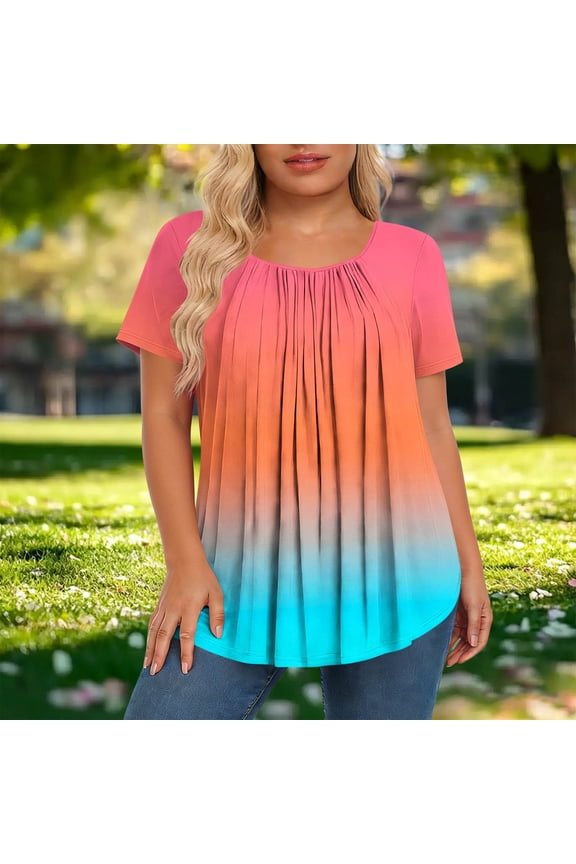 Womens Tops Short Sleeve Round Neck Ombre Print Plus Size Loose Blouse with Ruched Detail Casual Soft Breathable for Summer