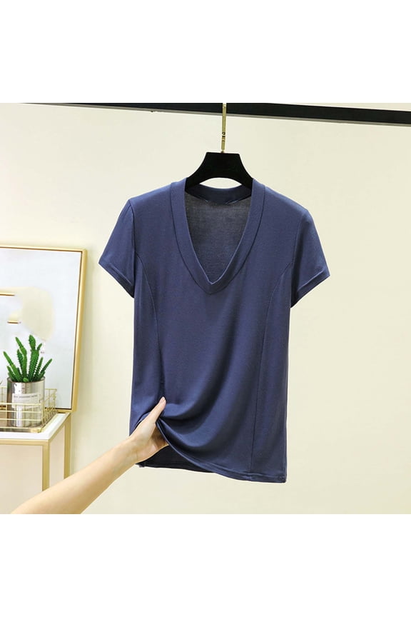 Womens Tops Short Sleeve V Neck Solid Modal Comfy Casual Blouse for Summer Daily Wear Gift