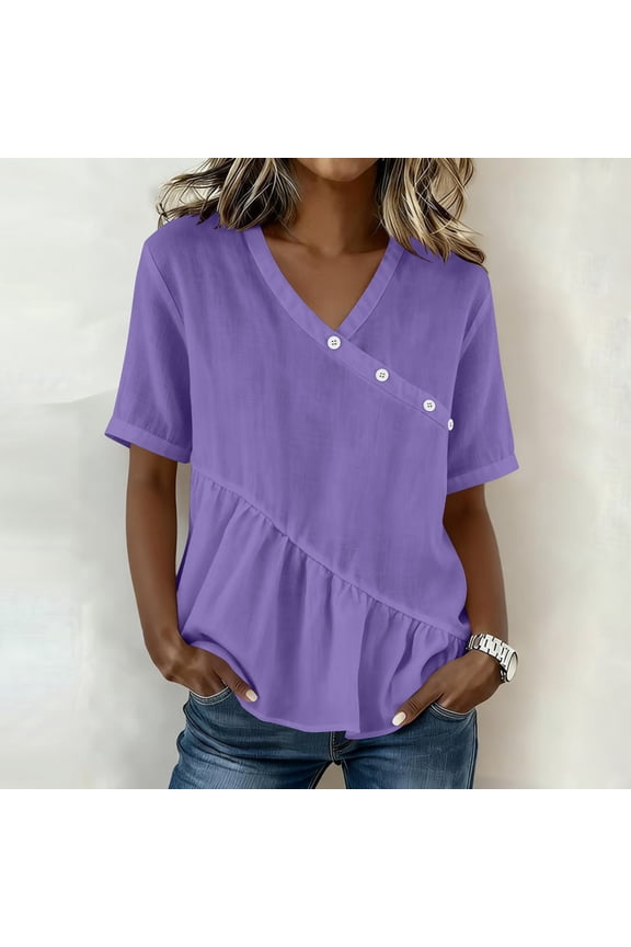 Womens Tops Short Sleeve V Neck Trim Button Decor Flowy Shirt for Summer Casual Gift