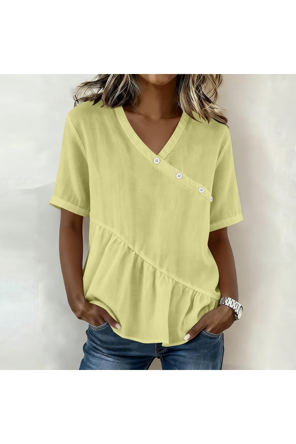 Womens Tops Short Sleeve V Neck Trim Button Decor Flowy Shirt for Summer Casual Gift