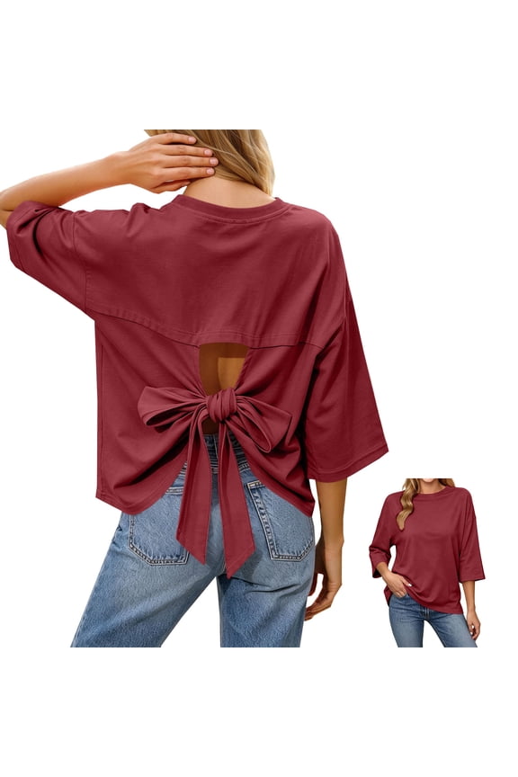 Womens Tops Three Quarter Sleeve Crew Neck Backless Tie Back Solid Flowy Blouse for Summer Casual Gift