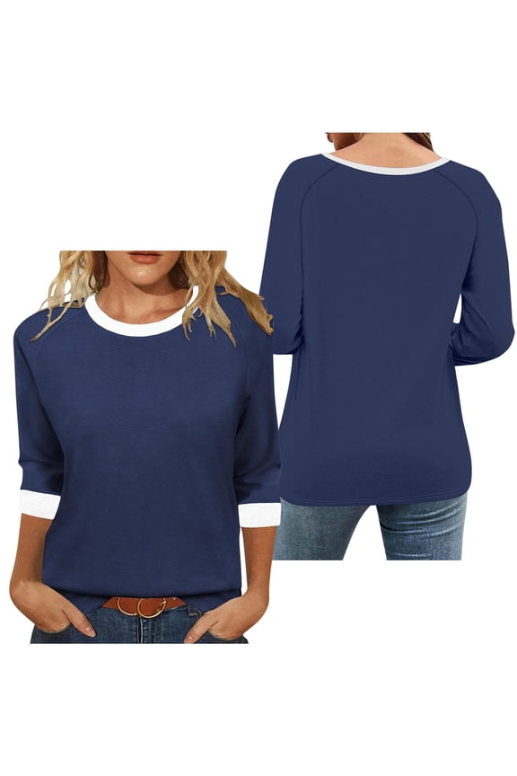 Womens Tops Three Quarter Sleeve Loose Fit Crew Neck Colorblock Raglan Sleeve Solid Soft Blouse for Spring Summer Gift