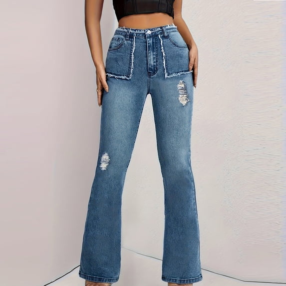 TaTaai Womens Trendy Denim High Waist Loose Straight Ripped Hem Flared Jeans With Pockets For Casual Daily