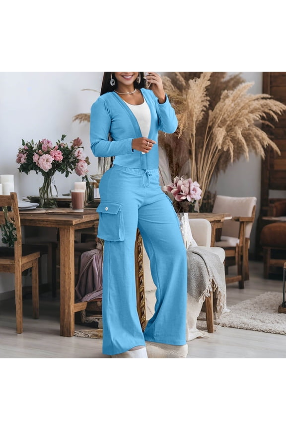 Womens Two Piece Outfit Long Sleeve Open Front Cardigan Button Closure with Loose Wide Leg Cargo Pants Drawstring Waist Side Pocket Solid Soft Breathable Tracksuit Set Gift