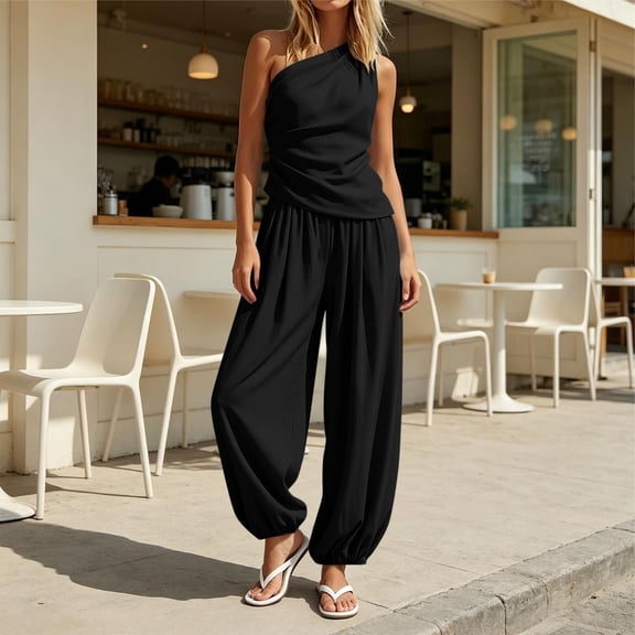 TaTaai Womens Two Piece Outfit One Shoulder Sleeveless Ruched Top with Elastic Cuff Pocket Harem Pants Solid Soft Breathable Boho Set Gift