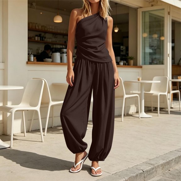 TaTaai Womens Two Piece Outfit One Shoulder Sleeveless Ruched Top with Elastic Cuff Pocket Harem Pants Solid Soft Breathable Boho Set Gift