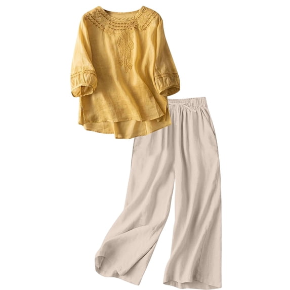 TaTaai Womens Two Piece Set Short Sleeve Crew Neck Embroidered Top with Wide Leg Pants Solid Soft Breathable Casual Summer Outfit Gift