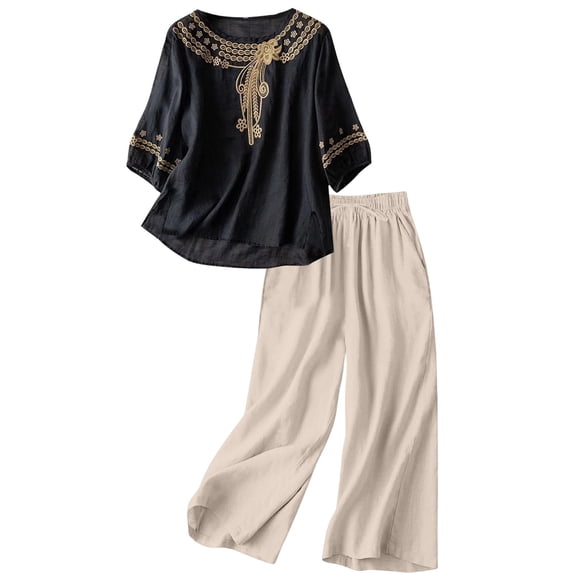 TaTaai Womens Two Piece Set Short Sleeve Crew Neck Embroidered Top with Wide Leg Pants Solid Soft Breathable Casual Summer Outfit Gift