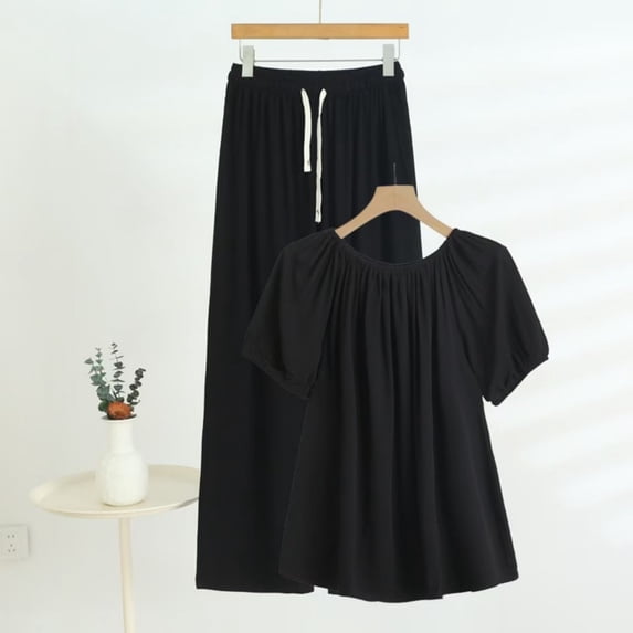 TaTaai Womens Two Piece Set Off Shoulder Short Sleeve Puff Sleeve Top with Drawstring Waist Straight Leg Pants Solid Soft Breathable Casual Outfit Gift