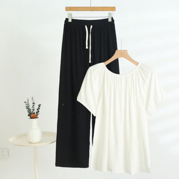 TaTaai Womens Two Piece Set Off Shoulder Short Sleeve Puff Sleeve Top with Drawstring Waist Straight Leg Pants Solid Soft Breathable Casual Outfit Gift