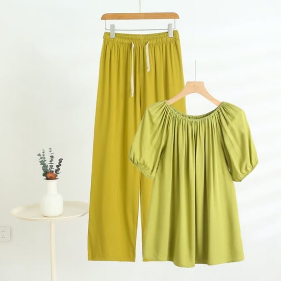 TaTaai Womens Two Piece Set Off Shoulder Short Sleeve Puff Sleeve Top with Drawstring Waist Straight Leg Pants Solid Soft Breathable Casual Outfit Gift