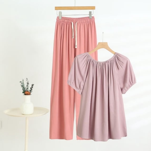 TaTaai Womens Two Piece Set Off Shoulder Short Sleeve Puff Sleeve Top with Drawstring Waist Straight Leg Pants Solid Soft Breathable Casual Outfit Gift