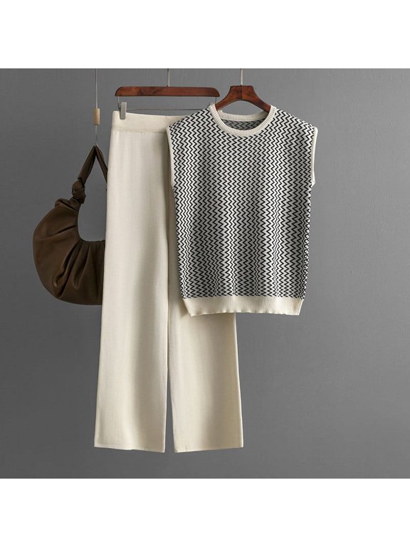 Womens Two Piece Set Womens Casual Fashion Striped Two Piece Round Neck Pullover High Waist Straight Knit Set Gift