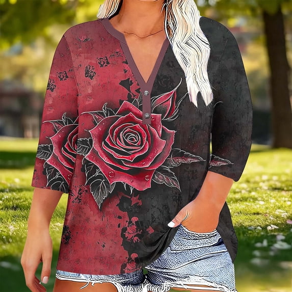 TaTaai Womens V Neck 3/4 Sleeve Tops Casual Floral Print Button Down Blouses Loose Fit Plus Size Tee for Spring Summer 1-Pack Gift