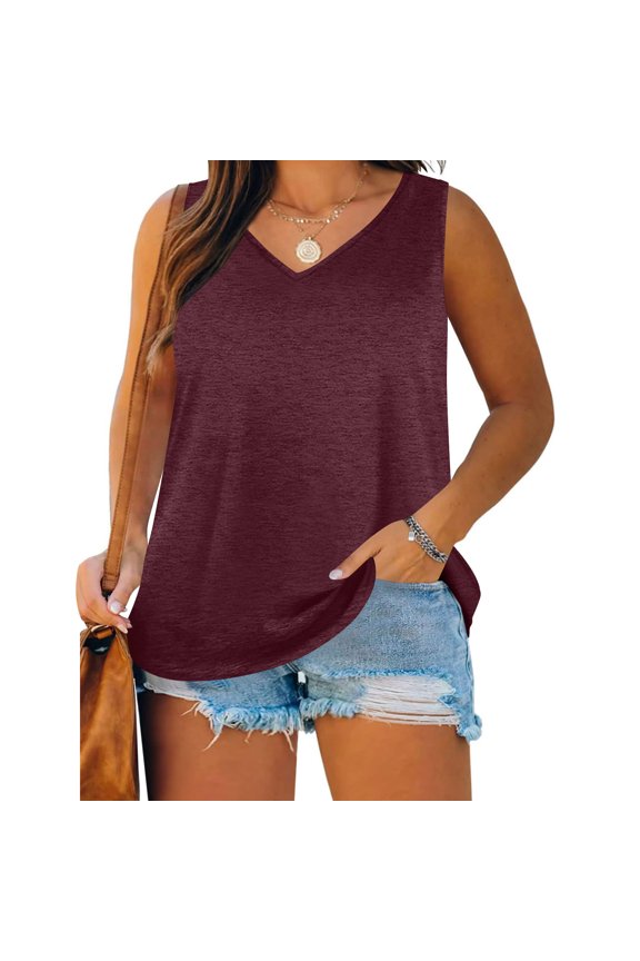 Womens V Neck Sleeveless Tank Tops Plus Size Solid Color Loose Fit Casual Blouses for Spring 1-Pack Gift