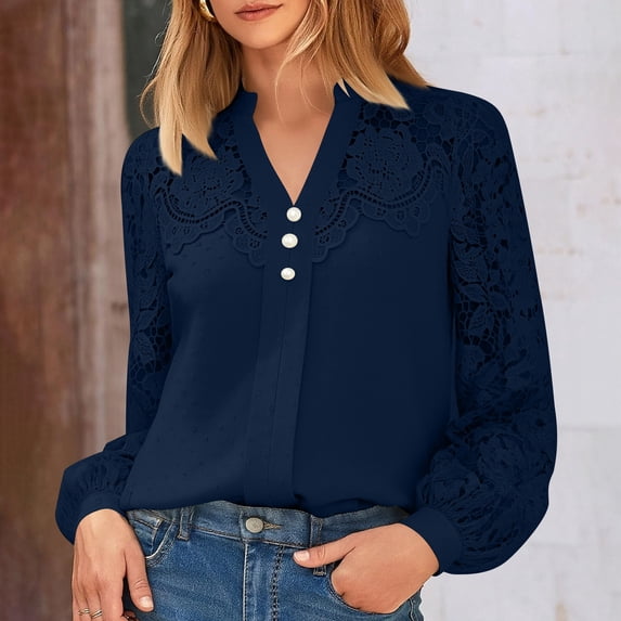 TaTaai Womens V Neck Solid Color Long Sleeve Tops Trim Detail Loose Casual Soft Blouse Breathable Elegant Shirt For Spring Summer Daily Vacation Outfits Gift