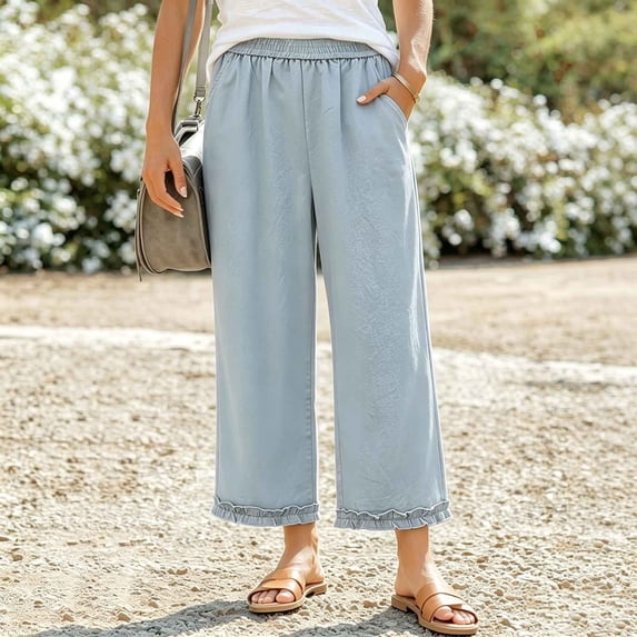 TaTaai Womens Wide Leg Pants Casual Loose Fit Cropped Trousers High Waist Adjustable Drawstring Ruffled Hem Breathable for Beach Holiday Gift