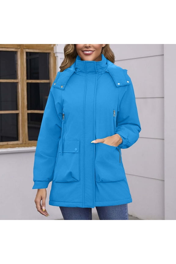 Womens Winter Zip Up Jacket Long Sleeve Solid Fleece Lined Detachable Hood Waterproof Windbreaker for Outdoor