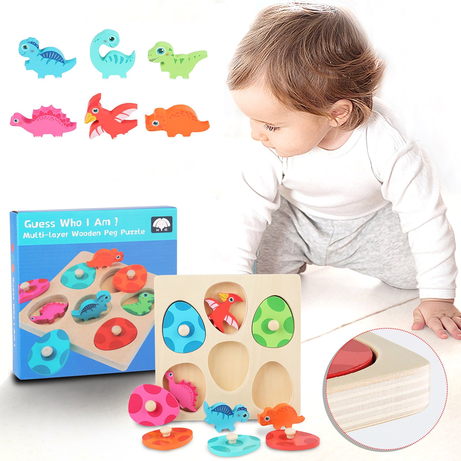 TaTaai Wooden Dinosaur Puzzle for Kids - Early Learning Educational Toy ...