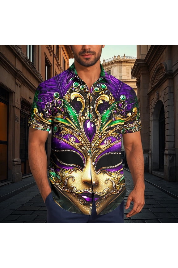 ashion Men's Mardi Gras Turndown Collar Shirt, Printed Short-Sleeve Casual Button Top, Soft Fabric for Summer Casual Daily Outdoor Occasions Gift