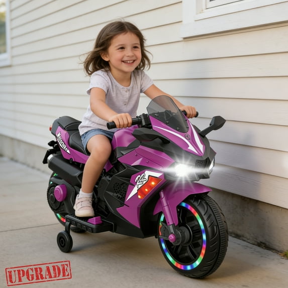 TaTee 12V Kids Electric Motorcycle, Battery Powered Ride-On Toy with Training Wheels for Boys & Girls Ages 3-6, Bluetooth Music & LED Lights, Deep Purple