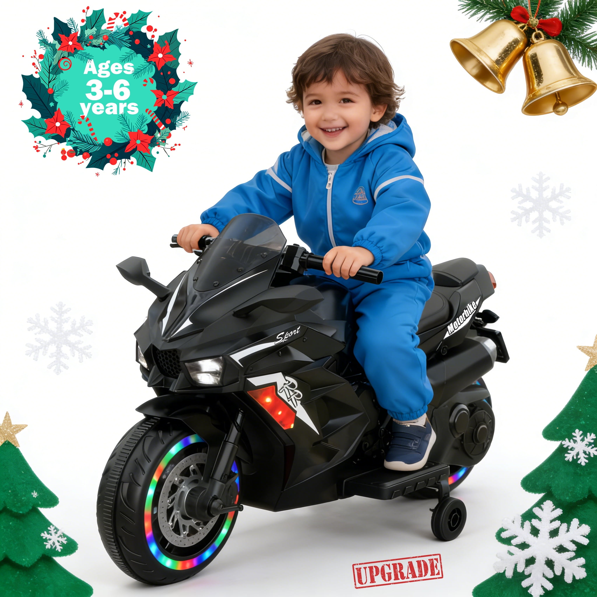 TaTee 12V Kids Electric Motorcycle, Battery Powered Ride-On Toy with Training Wheels for Boys & Girls Ages 3-6, Bluetooth Music & LED Lights, Black