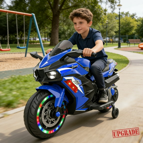 TaTee 12V Kids Electric Motorcycle, Battery Powered Ride-On Toy with Training Wheels for Boys & Girls Ages 3-6, Bluetooth Music & LED Lights, Blue