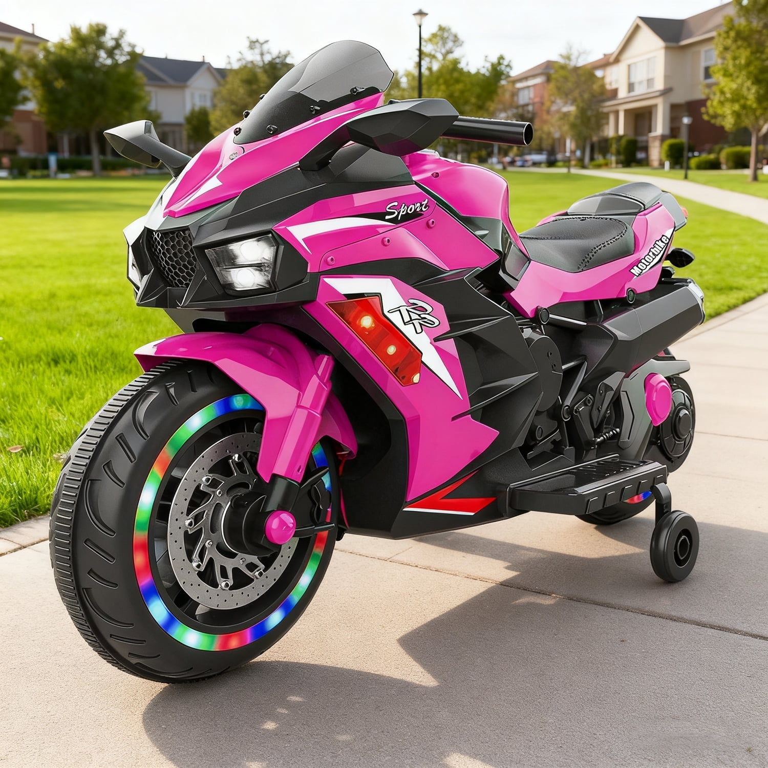 TaTee 12V Kids Electric Motorcycle, Battery Powered Ride-On Toy with Training Wheels for Boys & Girls Ages 3-6, Bluetooth Music & LED Lights, Pink
