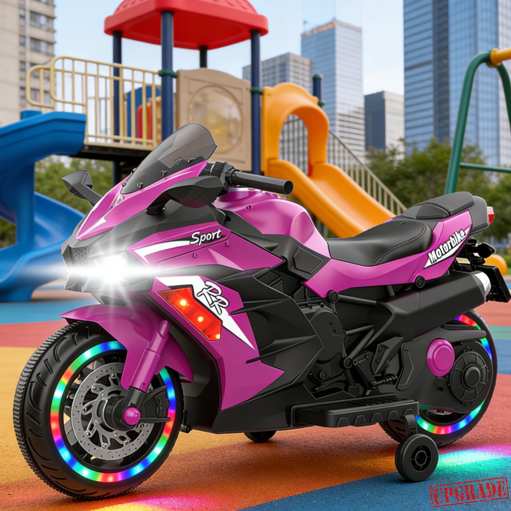 TaTee 12V Kids Electric Motorcycle, Battery Powered Ride-On Toy with Training Wheels for Boys & Girls Ages 3-6, Bluetooth Music & LED Lights, Purple