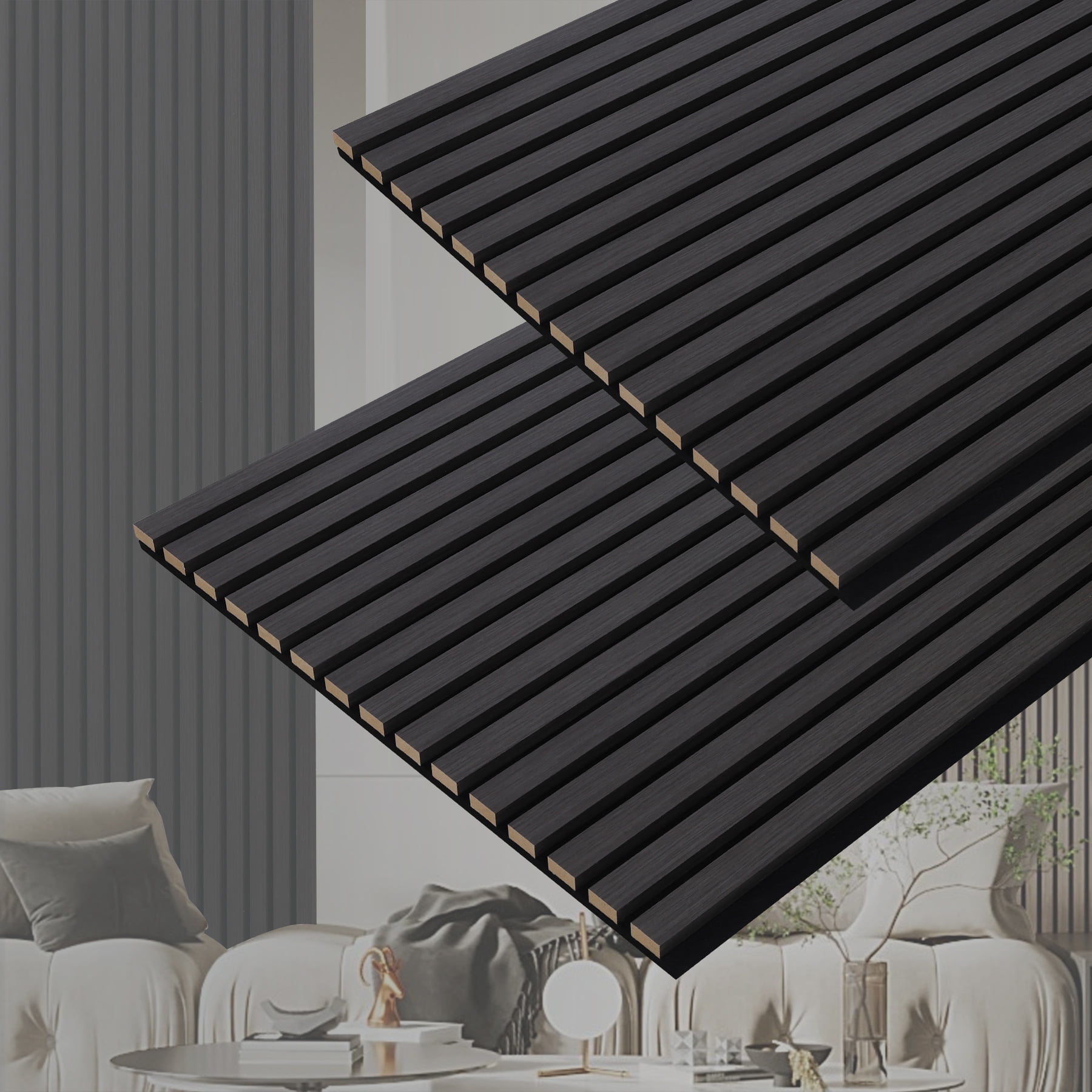 Taaizau 3D Slat Acoustic Wall Panels with Wood Finish Accent, 2 Pack Sound Absorbing Paneling for Studio, Office, Living Room, Bedroom Interior Decor (Matte Black, 48''L x 24''W)